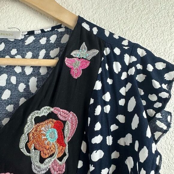 Kirundo Size L Floral Embroidered Ruffle Sleeve Knee Length Dress Navy White Dot - Picture 3 of 9